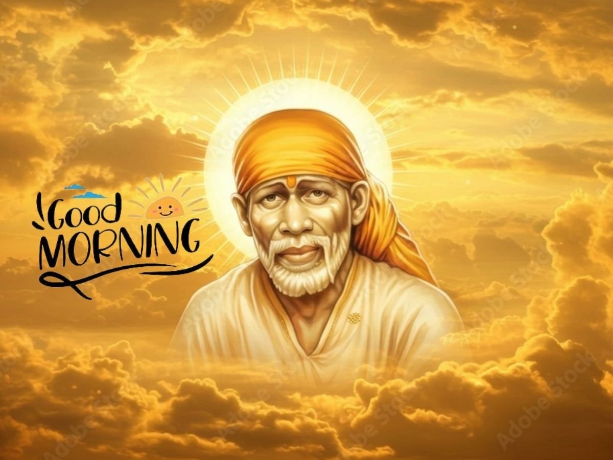 Good morning greetings for husband, accompanied by a peaceful image of Sai Baba, expressing love and spiritual support.